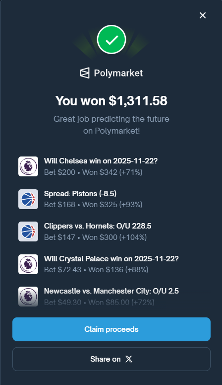 RicardoBitget's tweet image. #阿黄的Poly日记 Day14：立志做中文区最好的 Polymarket NBA KOL！

昨天爆亏之后痛定思痛，重新整理了下体育交易思路，准备自己用这个思路做几天交易，有效的话再分享出来。今天操作最大的问题是没有及时止损黄蜂独赢，在看出来黄蜂防守实在是拿哈登没办法之后，就应该坚决止损。

🔥目前 300U…