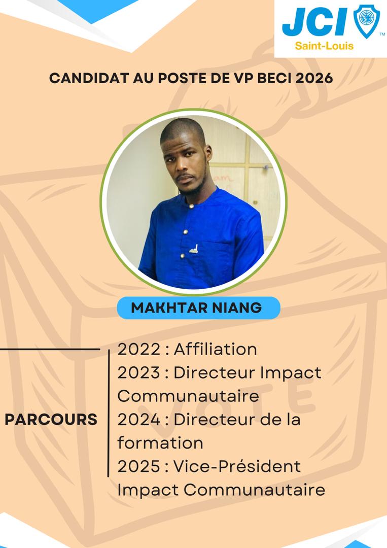 🥰C’est avec une grande détermination et une forte envie de servir la communauté que Makhtar NIANG se présente au poste de Vice Président Business, Entrepreneuriat et Coopération Internationale. 

Makhtar NIANG
Candidat au poste de Vice-Président BECI 2026