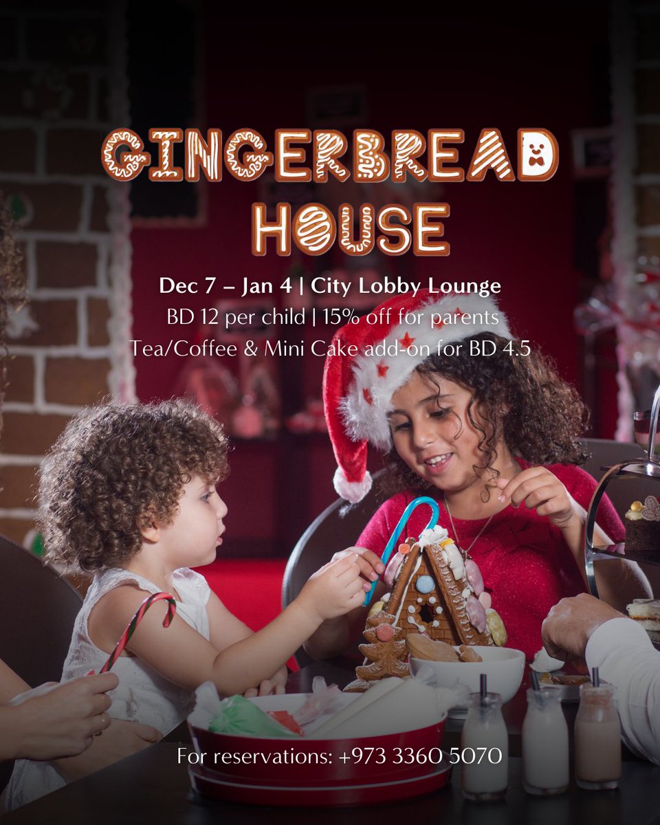 Let your young ones explore their creativity with our gingerbread house decoration at City Lobby Lounge for only BD 12. Parents get 15% off their orders. Book now 3360 5070