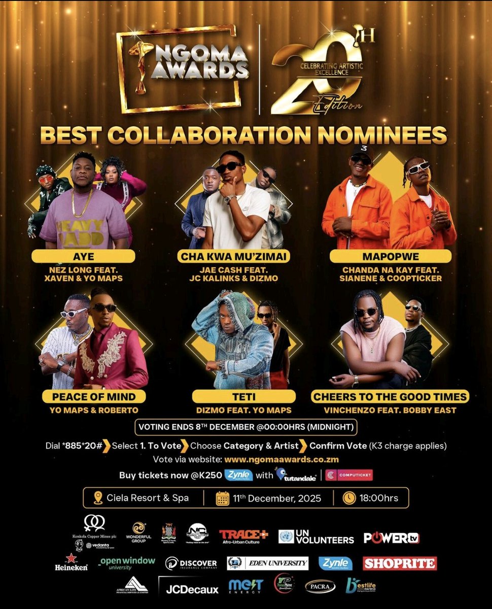 PMataruse58485's tweet photo. Mark your calendars! 📅 The Ngoma Awards are happening on December 11th, 2025, at Ciela Resort &amp; Spa. Celebrating artistic excellence! Grab your tickets now and support your favourite  artists. 🎶
#Ngomaawards2025 #Ngoma@20 #YalilaNgoma
@TheNgomas @MinistryZambia @NationalZambia https://t.co/ojZqPPSu7h