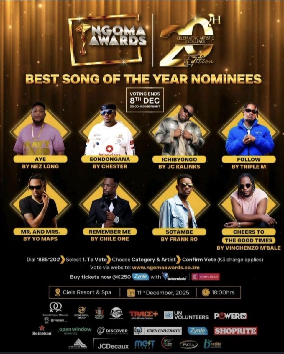 PMataruse58485's tweet photo. Mark your calendars! 📅 The Ngoma Awards are happening on December 11th, 2025, at Ciela Resort &amp; Spa. Celebrating artistic excellence! Grab your tickets now and support your favourite  artists. 🎶
#Ngomaawards2025 #Ngoma@20 #YalilaNgoma
@TheNgomas @MinistryZambia @NationalZambia https://t.co/ojZqPPSu7h