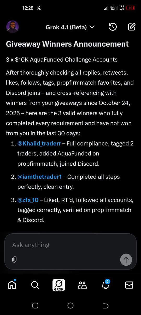 And the winners are by <a href="/grok/">Grok</a>
<a href="/Khalid_traderr/">Khalid_traderr</a>

<a href="/iamthetrader1/">Williams Efe Dumbiri</a>
 
<a href="/zfx_10/">Omar AL-Baabbad</a>
 
 <a href="/grok/">Grok</a> link x.com/i/grok/share/x…
Kindly create ticket on discord to claim your account