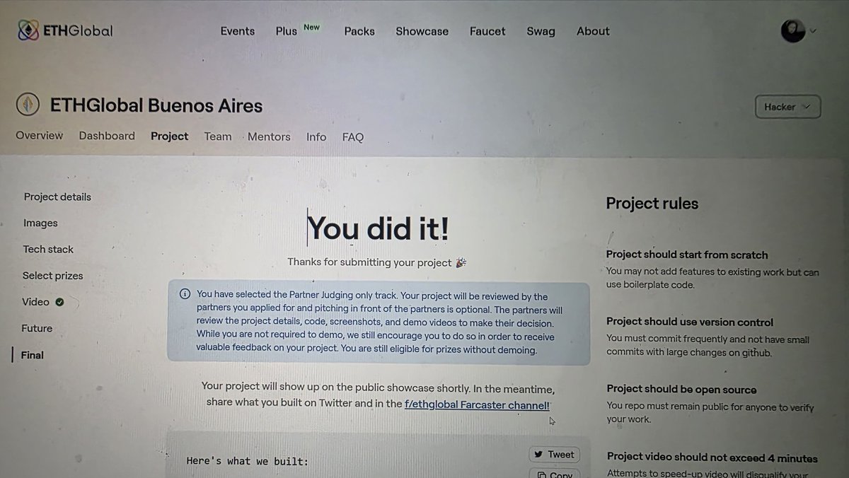🇦🇷 #ETHGlobal
Se logró 🥳
Mi primer hackathon solita 🥲.
Después de esto lo demás es añadidura. 🤪