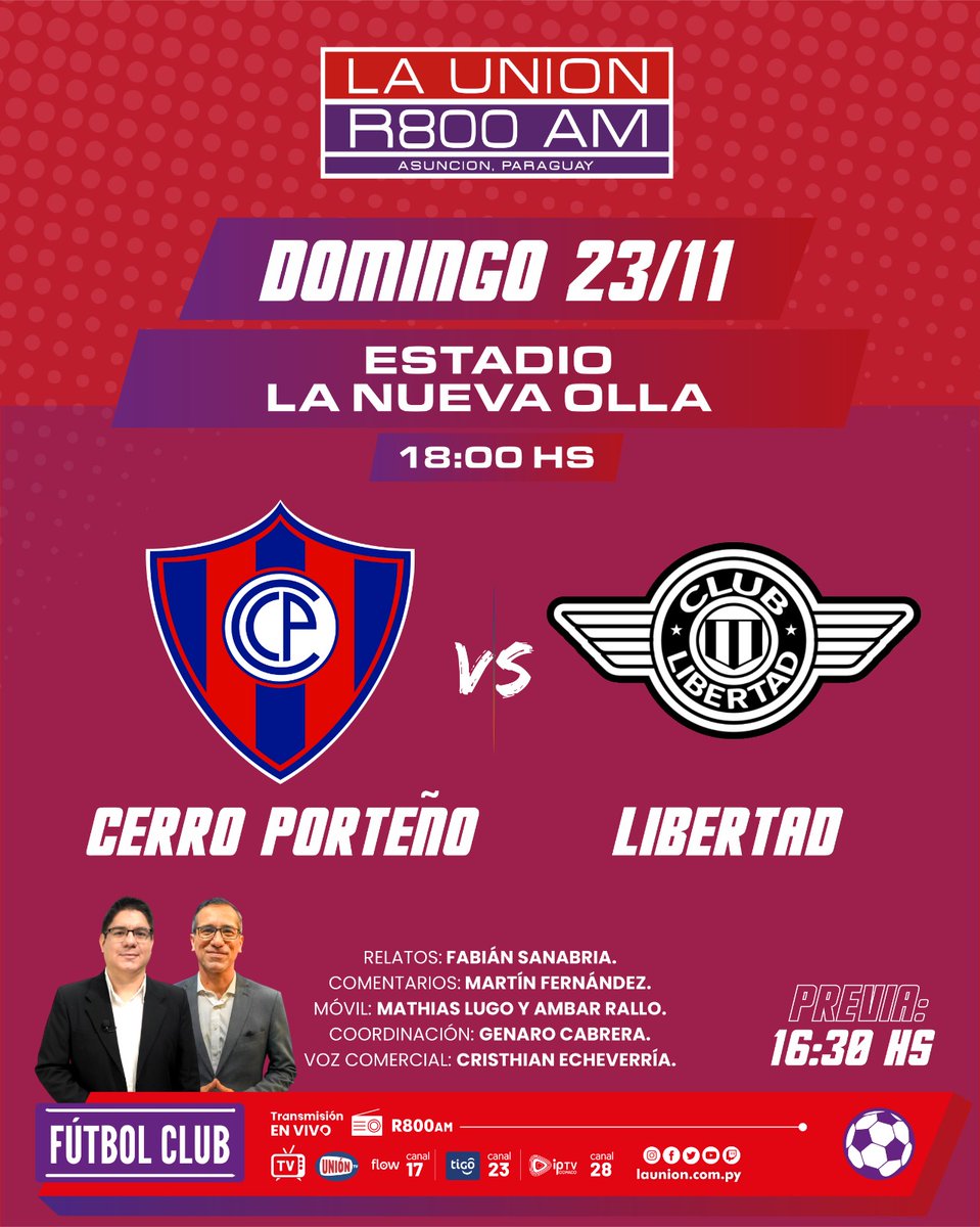 🏆🇵🇾 El Ciclón se mide ante el Gumarelo en su casa, seguilo por la 📻 #R800AM junto a todo el gran equipo de ⚽ #FútbolClub 🔛

Relatos🎙️ <a href="/FSanabria87/">Fabian Sanabria</a>
Comentarios 🎤 <a href="/martin_fer/">Martín Fernández</a>
Móviles 📲 <a href="/Mathimart16/">Lugomart</a> <a href="/ambarallo/">Am⚡</a>
Coordinación ⚙️ <a href="/genaro_cabrera/">Genaro Cabrera</a>
Voz Comercial 🗣️ <a href="/echeverriacrist/">Cristian Echeverria</a>