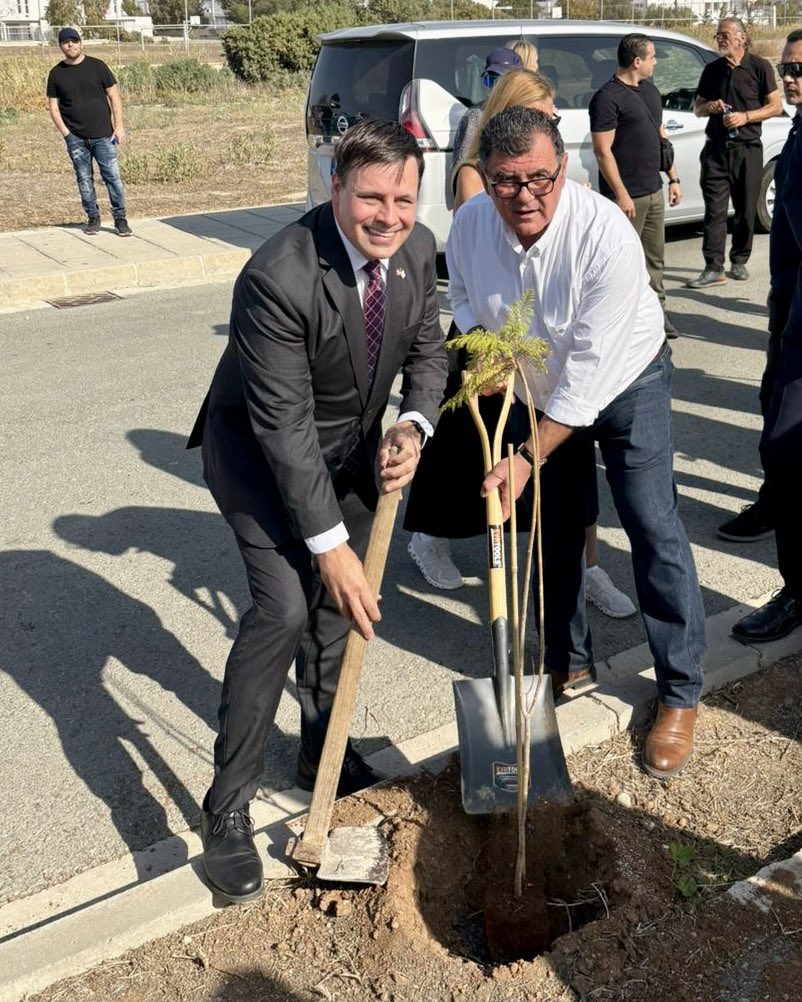 CDA Mangis: Honored to join today’s tree-planting recognizing the release of hostages taken by Hamas in 2023 &amp; the Gaza peace plan. These steps were made possible by <a href="/WhiteHouse/">The White House</a> President Trump’s historic leadership. Cyprus has been a pivotal partner, showing real humanitarian