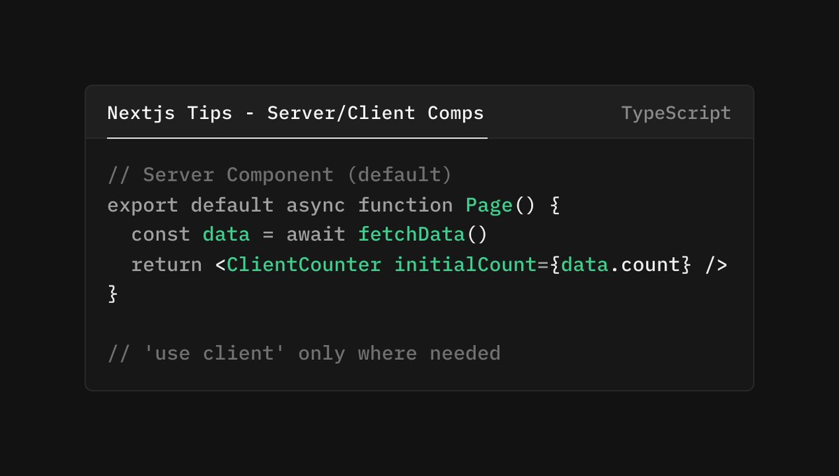 powder_as's tweet image. Most of your app is server-rendered. &apos;use client&apos; only for interactivity.

#nextjs #codingtip #programmingtip #letsconnect