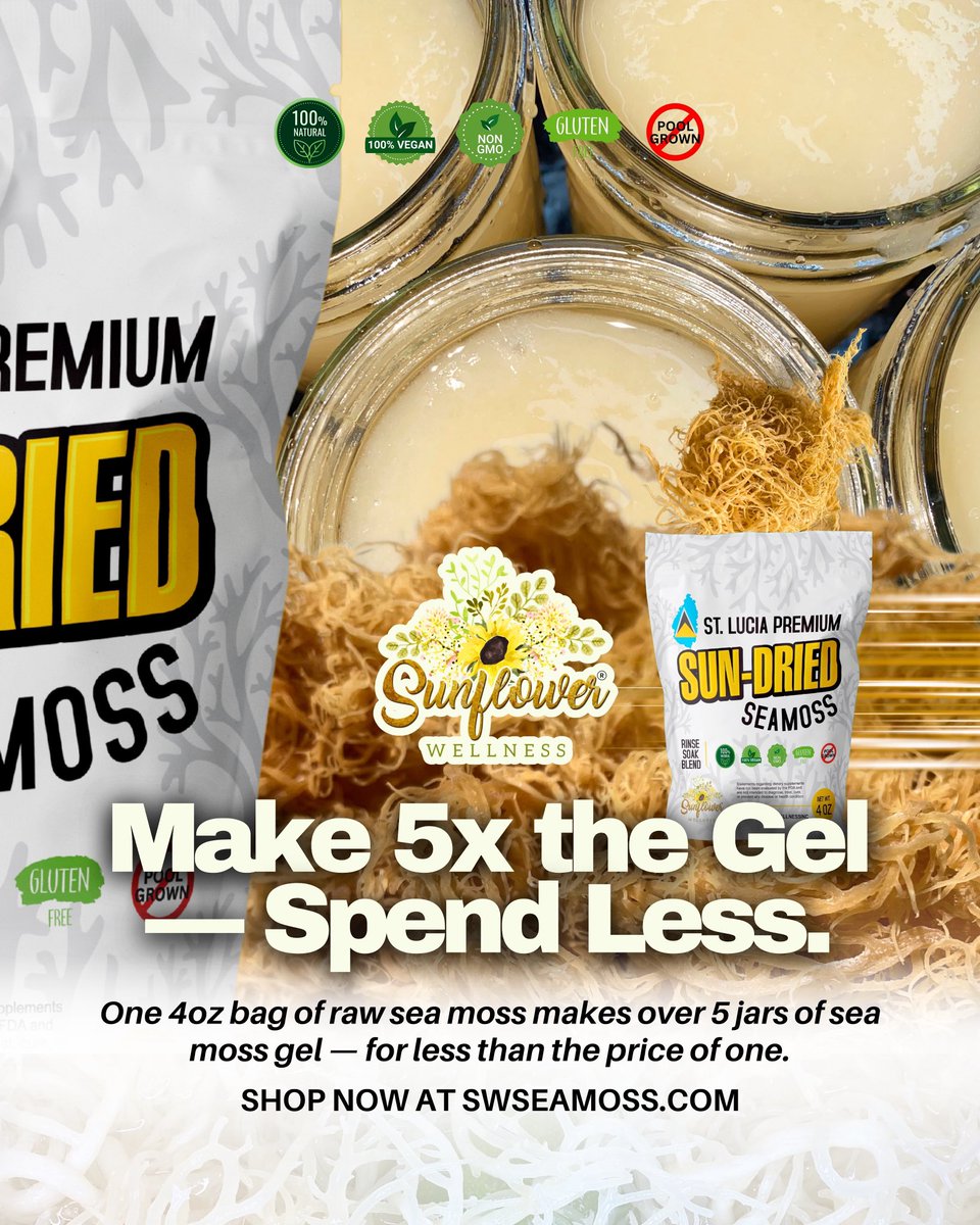 SWSeamoss's tweet image. Sea moss gel hits different when you make it fresh.
Smooth, mineral-rich, perfect for daily energy, digestion, and skin from within.
One bag goes a long way — and so will you.

Get your St. Lucia Seamoss at SWSEAMOSS.COM #seamoss