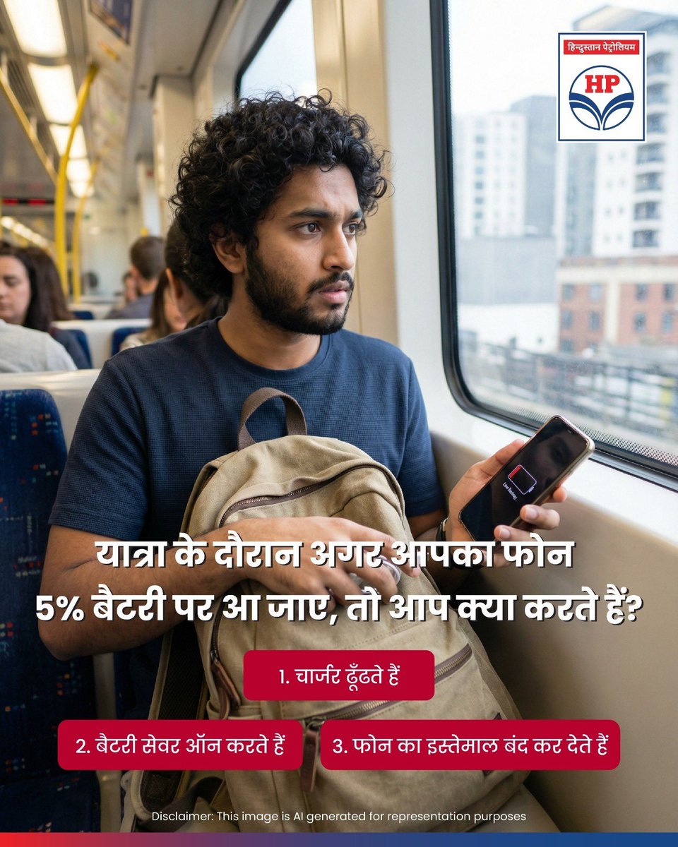 HPCL's tweet image. यात्रा के बीच फोन 5% पर आ जाए तो घबराहट तो बनती है! 🤯📱
लेकिन आप सबसे पहले क्या करते हैं?

1️⃣ चार्जर ढूंढ़ते हैं
2️⃣ बैटरी सेवर ऑन करते हैं
3️⃣ फोन का इस्तेमाल बंद कर देते हैं

कमेंट में अपना जवाब ज़रूर बताएं! 👇

#HPCL #Travel #LowBattery #DeliveringHappiness