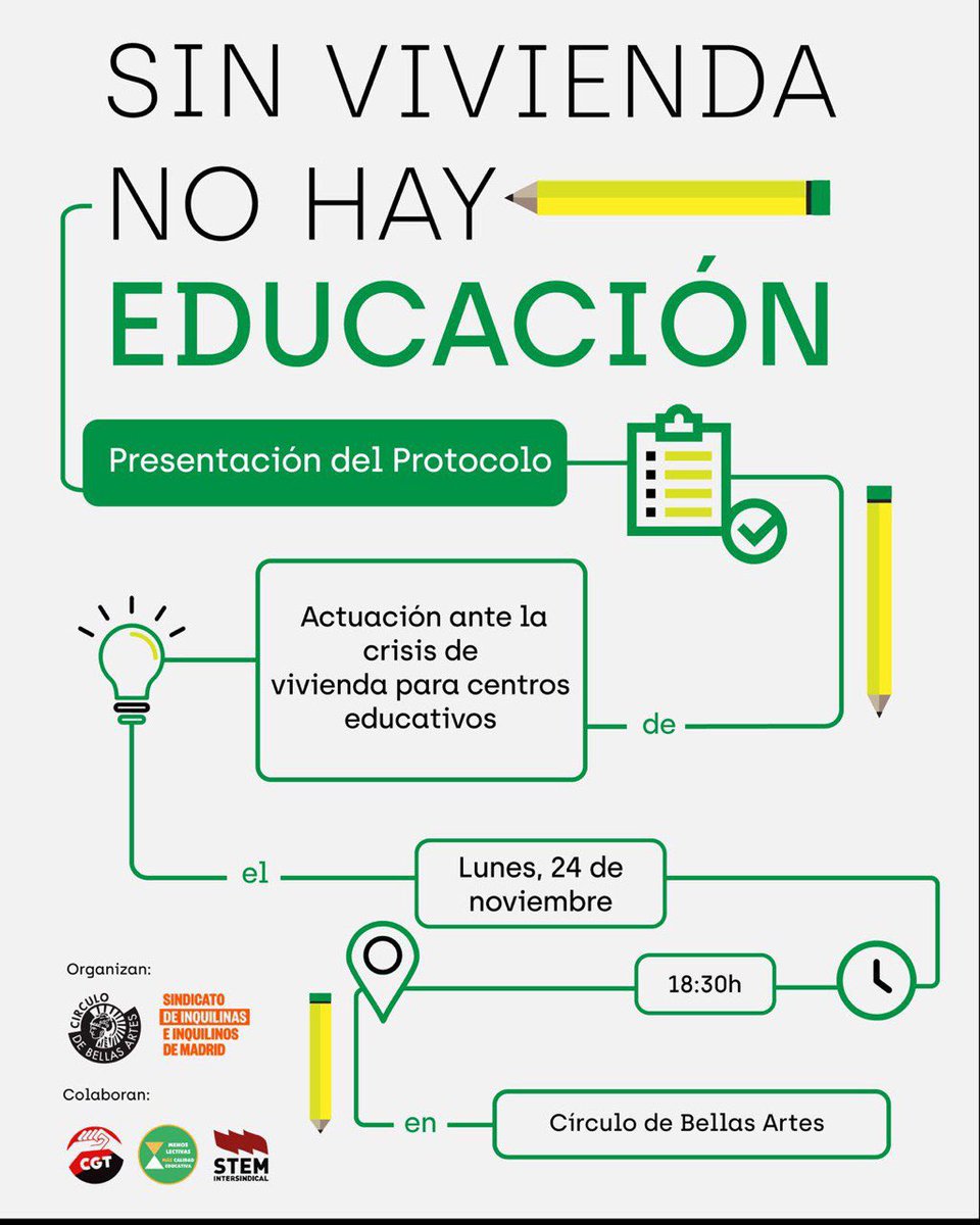 La crisis de vivienda afecta directamente a la posibilidad de educar. Nos vemos mañana en la presentación del protocolo de vivienda para centros educativos, de la mano de <a href="/InquilinatoMad/">Sindicato de Inquilinas e Inquilinos de Madrid</a>. Sin vivienda no hay educación 🏠💚