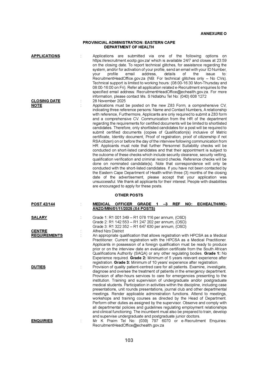 ExibsSa's tweet photo. #ApplyForAJob
Professional Nurses x26 posts at Eastern Cape Health for registered Nurses
Closing date: 28 November 2028
Requirements: Degree/Diploma) in Nursing or equivalent qualification that allows registration with the SANC as a Professional Nurse. Proof of current registration must be produced prior or on the interview date. Grade 1: No experience required,
Apply online: https://t.co/3M8GlHiGpG
_____________________________________________
--------------------------------------------------
Centres and References: 
POST 42/174 : PROFESSIONAL NURSE GENERAL GRADE 1-3
REF NO: ECHEALTH/PNG-CMRH/MIN/16/11/2025 (X4 POSTS)
CENTRE : Buffalo City Metro, Cecilia Makiwane Regional Hospital
_____________________________________________
--------------------------------------------------
POST 42/175 : PROFESSIONAL NURSE GENERAL GRADE 1-3
REF NO: ECHEALTH/PNG-FTH/MIN/17/11/2025 (X11 POSTS)
CENTRE : Buffalo City Metro, Frere Tertiary Hospital
_____________________________________________
--------------------------------------------------
POST 42/176 : PROFESSIONAL NURSE GENERAL GRADE 1-3
REF NO: ECHEALTH/PNG-FRH/MIN/18/11/2025 (X2 POSTS)
CENTRE : Chris Hani District, Frontier Regional Hospital
_____________________________________________
--------------------------------------------------
POST 42/177 : PROFESSIONAL NURSE GENERAL GRADE 1-3
REF NO: ECHEALTH/PNG-NMAH/MIN/19/11/2025 (X5 POSTS)
CENTRE : OR Tambo District, Nelson Mandela Academic Hospital
_____________________________________________
--------------------------------------------------
POST 42/178 : PROFESSIONAL NURSE GENERAL GRADE 1-3
REF NO: ECHEALTH/PNG-MRH/MIN/20/11/2025 (X4 POSTS)
CENTRE : OR Tambo District, Mthatha Regional Hospital

Full advert: https://t.co/3M8GlHiGpG

#HireAGraduate #JobSeekersSA #CareerExibsSA #IREvARM #G20SouthAfrica #LasVegasGP #LIVNFO | Liverpool | Ireland | Slot | Norris | G20 Summit