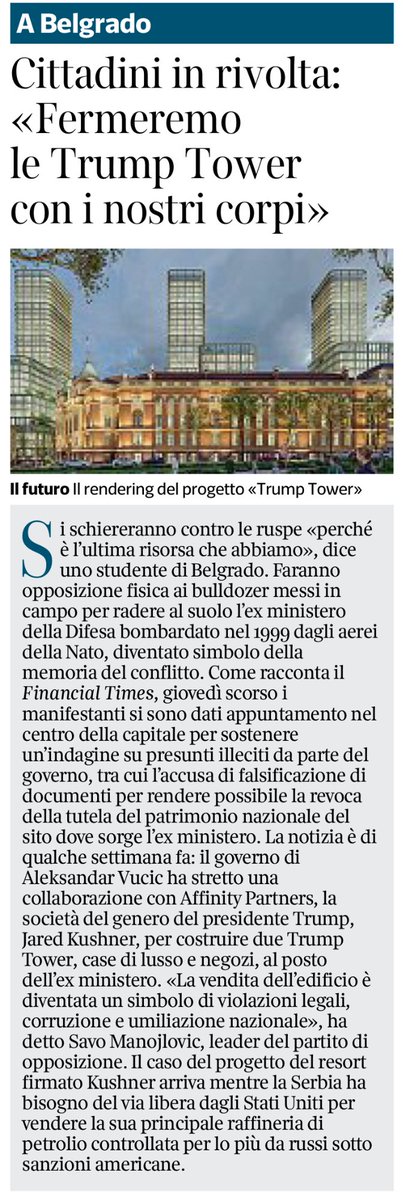 I cittadini di Belgrado non ci stanno e opporranno i loro corpi alle ruspe di Trump
Infatti il presidente degli Stati Uniti vuole radere al suolo quello che resta del Ministero della difesa bombardato dalla Nato nel 1999, per erigere sopra quello che è diventato un luogo sacro