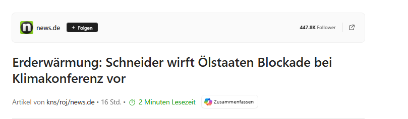 Es wird Zeit, Bundesumweltminister Schneider hochkant rauszuwerfen. 

Er blockiert in unserem Land den notwendigen Rollback der desaströsen Energiewende. 

Er verschiebt eine Mrd Euro in Richtung eines unklaren "Waldfonds",  von der ultrasozialistischen Regierung von Lula da