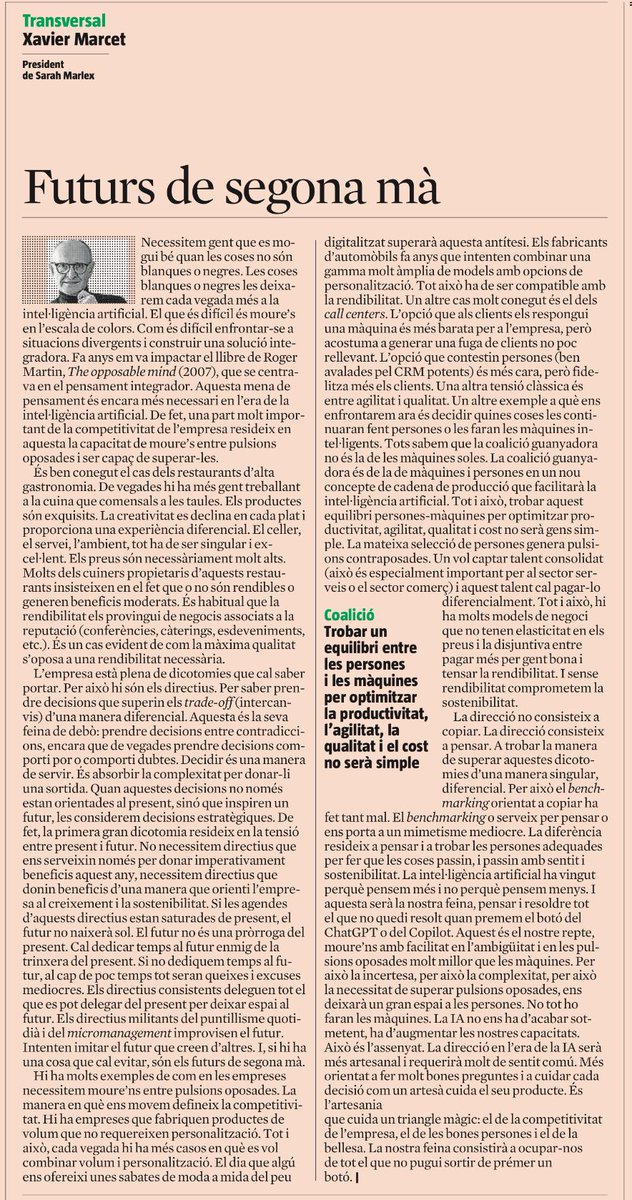 "El futur no és una pròrroga del present"
👉👉 Cal evitar els futurs de segona mà 
🔝 La IA ha vingut perquè pensem més i no perquè pensem menys 
🙌 <a href="/XavierMarcet/">Xavier Marcet</a>