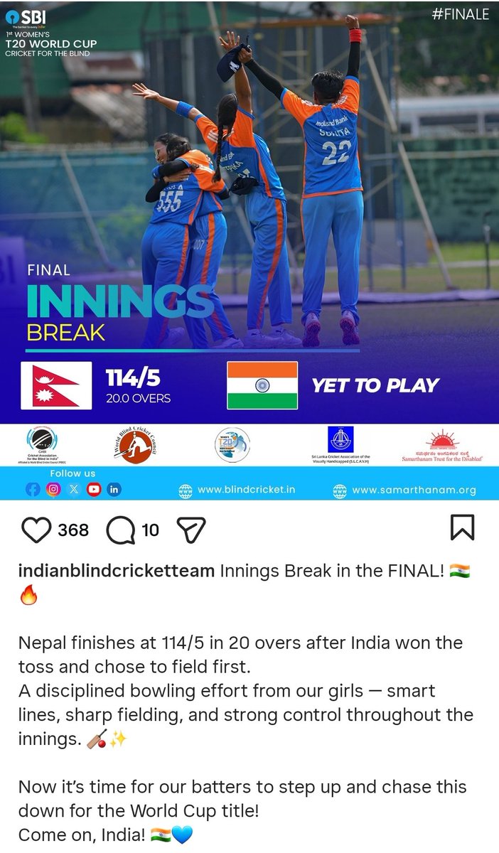 madelykagun's tweet photo. @narendramodi @PMOIndia @toisports @Sports_NDTV @rashtrapatibhvn Modiji I really wish that you invite these brave girls to meet and let the world know what they are doing because no Media is talking about them @TheOfficialSBI @BCCIWomen @BCCI #blindcricket #IndianCricket https://t.co/uvpqO4gGUl