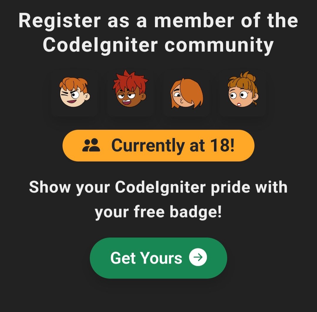 ruialvel's tweet image. 3 people in a day, ok. I am still to see a badge in the wild. Very smart people involved in this framework, it should get more recognition. Let&apos;s go @CodeIgniterPhp!!! #PHP #PHP研究所 #phpwebdeveloper #phpcoding #phpmvcdeveloper