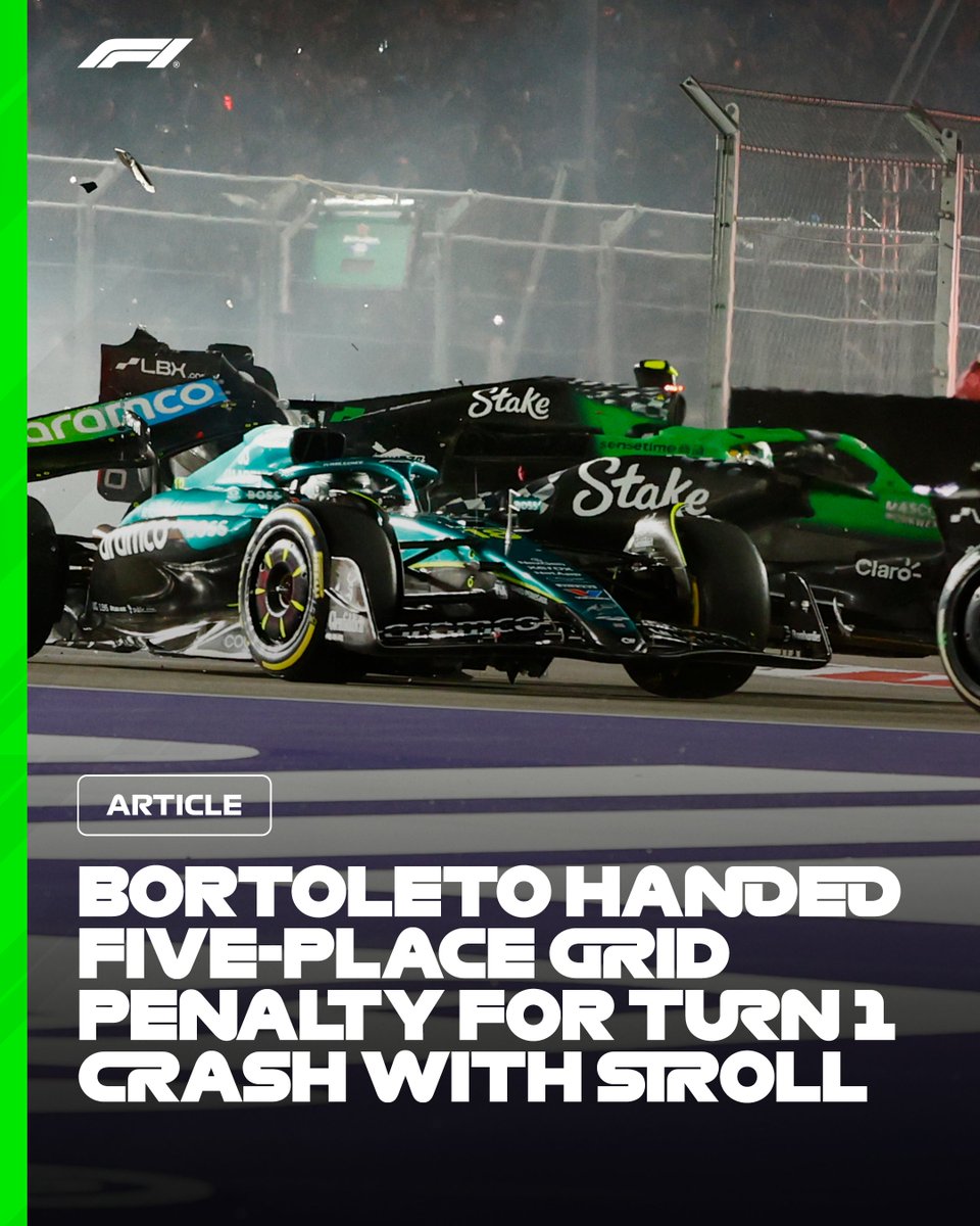 F1's tweet image. Gabriel Bortoleto has been handed a five-place grid penalty for the Qatar Grand Prix, after today&apos;s Turn 1 collision with Lance Stroll 🚨📝

Read the Full Story 👉 f1.com/LVGP25-BOR-Pen…

#F1 #LasVegasGP