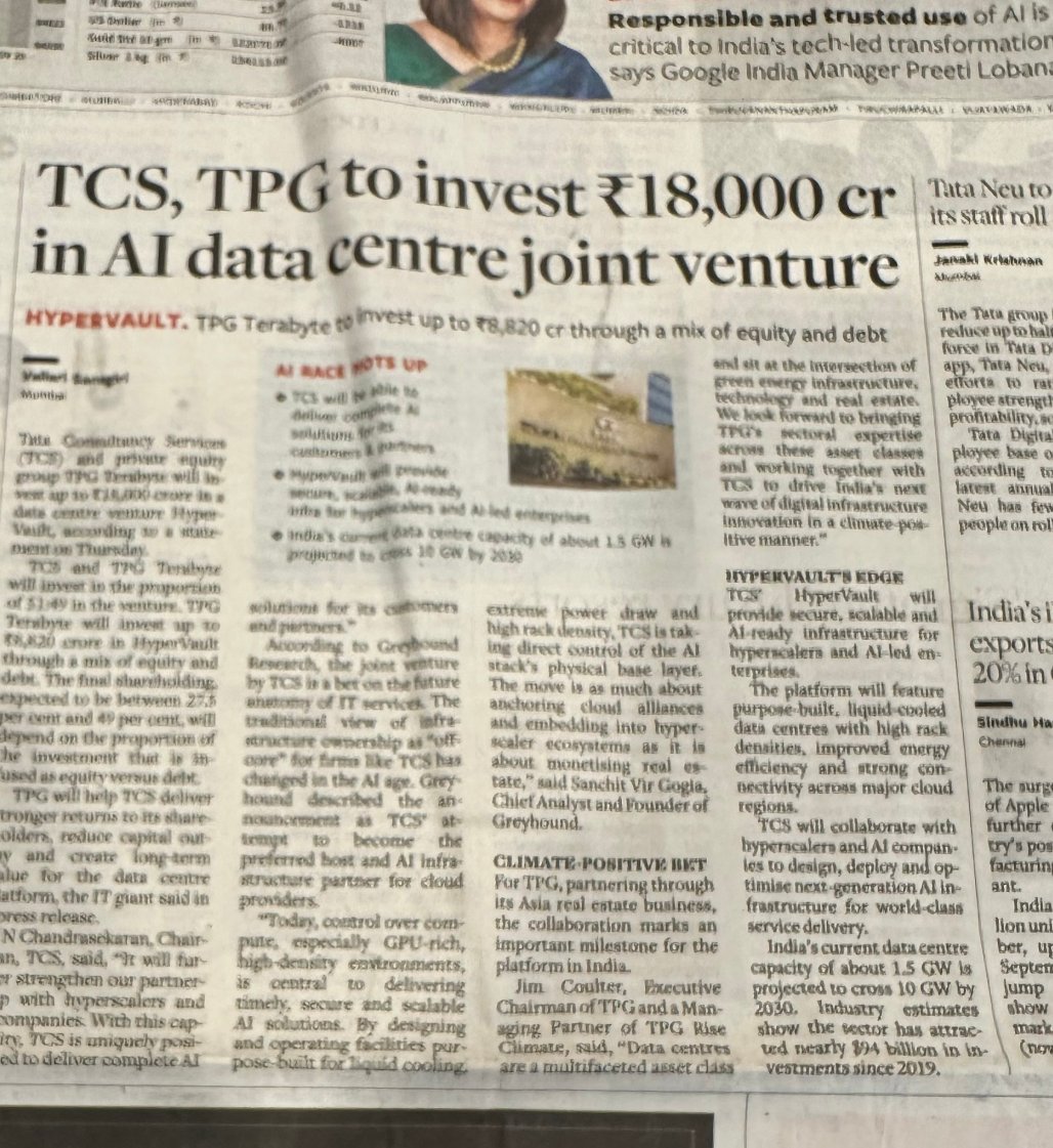 Mangalam43224's tweet photo. #TCS #TPG #HyperVault #AIDataCenters #AIInfrastructure #DataCenterIndia #Hyperscale #LiquidCooling #AIReady #IndiaTech #DigitalIndia #IndianIT #GreenDataCenter #ClimatePositive #InvestInIndia TCS TPG joint venture ₹18000 crore AI data centre India 2030 https://t.co/DsHCFANu3T
