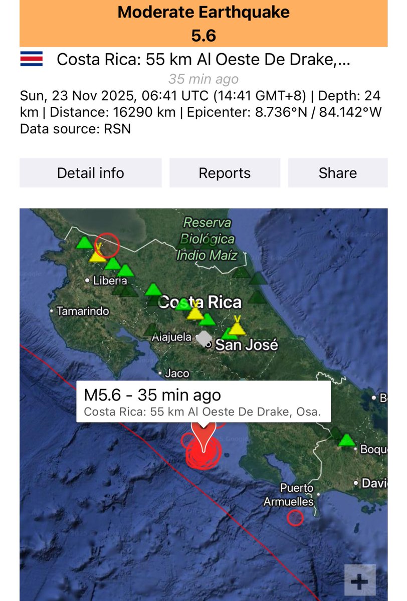 AstroFluxLab's tweet image. M5.6 #Earthquake Strikes Costa Rica with Aftershock Clusters! A significant M5.6 tremor occurred 35 mins ago at 24 km depth off Drake Bay, Costa Rica.