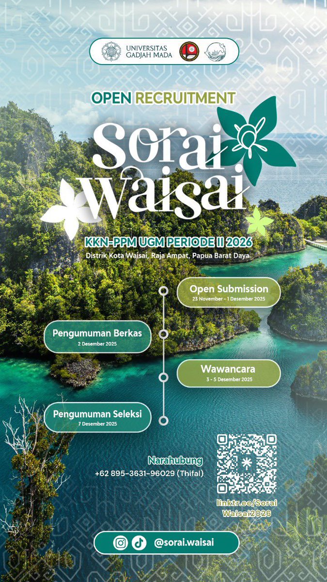 UGM_FESS's tweet photo. 🏝️𝐎𝐏𝐄𝐍 𝐑𝐄𝐂𝐑𝐔𝐈𝐓𝐌𝐄𝐍𝐓 𝐊𝐊𝐍-𝐏𝐏𝐌 𝐔𝐆𝐌 𝐒𝐎𝐑𝐀𝐈 𝐖𝐀𝐈𝐒𝐀𝐈 𝐏𝐄𝐑𝐈𝐎𝐃𝐄 𝐈𝐈 𝟐𝟎𝟐𝟔🏝️

𝙎𝙤𝙧𝙖𝙞 𝙒𝙖𝙞𝙨𝙖𝙞 𝙨𝙪 𝙨𝙞𝙖𝙥 𝙢𝙚𝙡𝙚𝙨𝙖𝙩!🚀🌊

—Di negeri seribu pulau, tempat laut berbicara lewat ombak dan hutan menjaga lewat keheningannya, semangat untuk belajar dan melayani tidak hanya hadir, tetapi menghidupkan. 𝗞𝗞��-𝗣𝗣𝗠 𝗨𝗚𝗠 𝗦𝗼𝗿𝗮𝗶 𝗪𝗮𝗶𝘀𝗮𝗶 𝗣𝗲𝗿𝗶𝗼𝗱𝗲 𝗜𝗜 𝟮𝟬𝟮𝟲 𝗺𝗲𝗺𝗯𝘂𝗸𝗮 𝗸𝗲𝘀𝗲𝗺𝗽𝗮𝘁𝗮𝗻 bagi kamu yang siap untuk berkontribusi dan mengabdi di 𝗗𝗶𝘀𝘁𝗿𝗶𝗸 𝗪𝗮𝗶𝘀𝗮𝗶, 𝗞𝗮𝗯𝘂��𝗮𝘁𝗲𝗻 𝗥𝗮𝗷𝗮 𝗔𝗺𝗽𝗮𝘁, 𝗣𝗿𝗼𝘃𝗶𝗻𝘀𝗶 𝗣𝗮𝗽𝘂𝗮 𝗕𝗮𝗿𝗮𝘁 𝗗𝗮𝘆𝗮💚

🗓️𝗧𝗶𝗺𝗲𝗹𝗶𝗻𝗲 𝗣𝗲𝗻𝗱𝗮𝗳𝘁𝗮𝗿𝗮𝗻 :
- 𝘗𝘦𝘯𝘥𝘢𝘧𝘵𝘢𝘳𝘢𝘯 𝘥𝘢𝘯 𝘱𝘦𝘯𝘨𝘶𝘮𝘱𝘶𝘭𝘢𝘯 𝘣𝘦𝘳𝘬𝘢𝘴 : 23 November — 1 Desember
- 𝘞𝘢𝘸𝘢𝘯𝘤𝘢𝘳𝘢 : 3 — 5 Desember
- 𝘗𝘦𝘯𝘨𝘶𝘮𝘶𝘮𝘢𝘯 𝘓𝘰𝘭𝘰𝘴 𝘚𝘦𝘭𝘦𝘬𝘴𝘪 : 7 Desember

💫 𝗞𝗲𝗻𝗮𝗽𝗮 𝗵𝗮𝗿𝘂𝘀 𝗷𝗼𝗶𝗻 𝘁𝗶𝗺 𝗶𝗻𝗶?
1. Lokasi kegiatan 𝙨𝙪𝙙𝙖𝙝 𝙛𝙞𝙭 dan mudah dijangkau 🚗
2. ⁠Tim lintas klaster yang 𝙨𝙤𝙡𝙞𝙙 𝙙𝙖𝙣 𝙠𝙤𝙢𝙥𝙖𝙠 🤝
3. ⁠Sudah ada rancangan program kerja dan 𝙙𝙞𝙙𝙪𝙠𝙪𝙣𝙜 𝙤𝙡𝙚𝙝 𝙥𝙚𝙢𝙚𝙧𝙞𝙣𝙩𝙖𝙝 𝙨𝙚𝙩𝙚𝙢𝙥𝙖𝙩🏛️
4. ⁠𝘿𝙤𝙨𝙚𝙣 𝙋𝙚𝙢𝙗𝙞𝙢𝙗𝙞𝙣𝙜 𝙇𝙖𝙥𝙖𝙣𝙜𝙖𝙣 (𝘿𝙋𝙇) 𝙮𝙖𝙣𝙜 𝙗𝙚𝙧𝙥𝙚𝙣𝙜𝙖𝙡𝙖𝙢𝙖𝙣 dalam KKN-PPM UGM selama bertahun-tahun👨‍🏫
5. ⁠Kolaborasi tim, relasi sponsor, dan sistem kerja yang 𝙂𝘼𝘾𝙊𝙍🔥

👥 𝗦𝗶𝗮𝗽𝗮 𝘆𝗮𝗻𝗴 𝗸𝗮𝗺𝗶 𝗰𝗮𝗿𝗶?
- Mahasiswa/i UGM aktif minimal 96 SKS(tanpa nilai E)
- Siap berkomitmen penuh selama masa persiapan dan pelaksanaan KKN-PPM
- Sehat jasmani dan rohani, serta mendapat izin orang tua
- Fast response dalam berkomunikasi, baik daring maupun luring
- ⁠Mampu beradaptasi, berinteraksi, dan berkomunikasi dengan baik dalam berbagai kondisi

🌟𝗡𝗶𝗹𝗮𝗶 𝘁𝗮𝗺𝗯𝗮𝗵 𝗷𝗶𝗸𝗮 𝗸𝗮𝗺𝘂 𝗺𝗲𝗺𝗶𝗹𝗶𝗸𝗶 : 
- Memiliki relasi dengan berbagai mitra dan sponsor
- ⁠Terampil dalam desain, dokumentasi, dan publikasi
- ⁠Memiliki kamera/drone untuk dokumentasi
- ⁠Dapat mengendarai mobil/pickup
- ⁠Memiliki kemampuan berenang dan menyelam di laut

📑𝗣𝗲𝗻𝗱𝗮𝗳𝘁𝗮𝗿𝗮𝗻 𝗱𝗮𝗻 𝗚𝘂𝗶𝗱𝗲𝗯𝗼𝗼𝗸 𝗱𝗮𝗽𝗮𝘁 𝗱𝗶𝗮𝗸𝘀𝗲𝘀 𝗺𝗲𝗹𝗮𝗹𝘂𝗶 𝘁𝗮𝘂𝘁𝗮𝗻 𝗯����𝗿𝗶𝗸𝘂𝘁 :
 🔗https://t.co/uDSjygZYug

📲𝗧𝗲𝗿𝘁𝗮𝗿𝗶𝗸 𝗱𝗮𝗻 𝗺𝗮𝘂 𝗰𝗮𝗿𝗶 𝘁𝗮𝗵𝘂 𝗶𝗻𝗳𝗼𝗿𝗺𝗮𝘀𝗶 𝗹𝗲𝗯𝗶𝗵 𝗹𝗮𝗻𝗷𝘂𝘁?
- 𝘐𝘯𝘴𝘵𝘢𝘨𝘳𝘢𝘮 : https://t.co/C80hEHIVb7
- 𝘛𝘪𝘬𝘵𝘰𝘬 : https://t.co/a2LSQM6V3u
- ⁠𝘕𝘢𝘳𝘢𝘩𝘶𝘣𝘶𝘯𝘨 : Thifal (0895-3631-96029)

𝘑𝘢𝘥𝘪, 𝘵𝘶𝘯𝘨𝘨𝘶 𝘢𝘱𝘢𝘭𝘢𝘨𝘪?
𝘔𝘢𝘳𝘪 𝘬𝘪𝘵𝘰𝘳𝘢𝘯𝘨 𝘸𝘶𝘫𝘶𝘥𝘬𝘢𝘯 𝘱𝘦𝘯𝘨𝘢𝘣𝘥𝘪𝘢𝘯 𝘵𝘦𝘳𝘣𝘢𝘪𝘬 𝘶𝘯𝘵𝘶𝘬 𝘞𝘢𝘪𝘴𝘢𝘪! 𝘚𝘢𝘭𝘢𝘮 𝘩𝘢𝘯𝘨𝘢𝘵 𝘥𝘢𝘳𝘪 𝘙𝘢𝘫𝘢 𝘈𝘮𝘱𝘢𝘵🌅