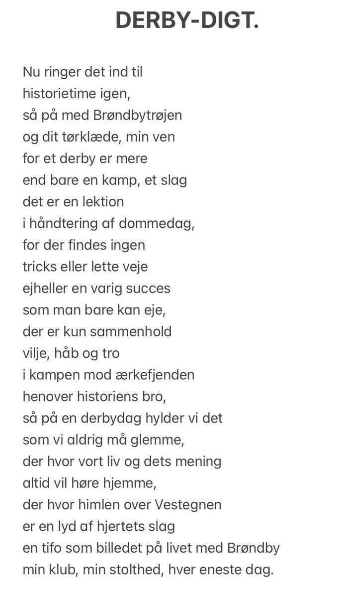 💛💙❤️
Sådan en derby-formiddag kan jo være lang at komme igennem.
Så her har du muligheden for at slå lidt af tiden ihjel med noget Brøndby-poesi.
Et digt skrevet til dagen i dag - god fornøjelse og ultragodt derby 💛💙🙏🏻💪🏻
