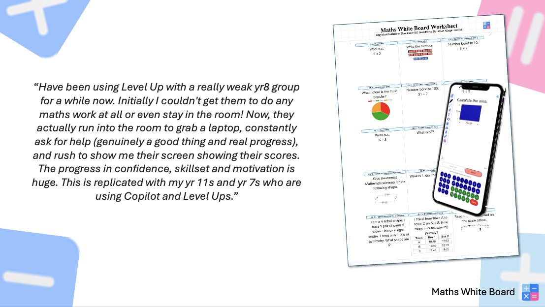 Amazing feedback about #MathsWhiteBoard’s Level Up numeracy tool and Maths Copilot 🥰

Building confidence and changing lives.

Level Up: mathswhiteboard.com/levelup/home

Maths Copilot: mathscopilot.com

#maths #iteachmaths #edtech #mathschat