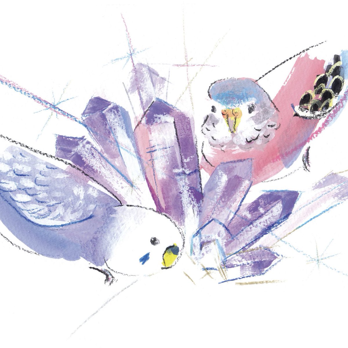 「新作「アメシストとセキセイインコとアキクサインコ」 新作2026バードカレンダー」|オクムラミチヨのイラスト