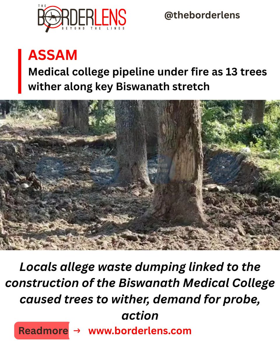 theborderlens's tweet image. 🌳 In Biswanath, 13 roadside trees have withered, with locals alleging waste from the upcoming medical college project damaged their roots. Development must not come at the cost of green cover — accountability needed. 💚
#Biswanath #Assam #SaveTrees #Environment…
