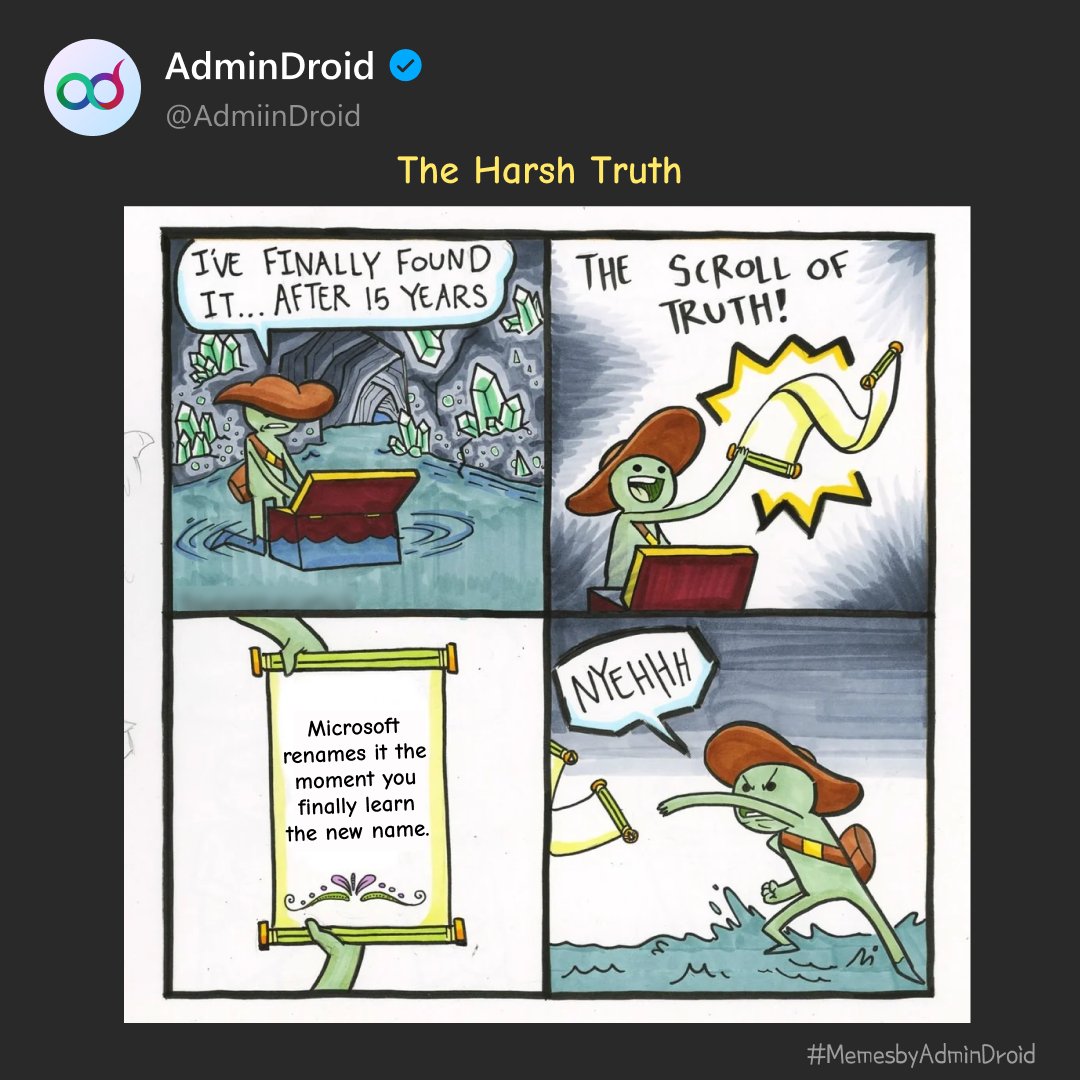 AdmiinDroid's tweet image. Microsoft renames products faster than anyone can keep up.

👉Office → Microsoft 365 → Microsoft 365 Copilot
👉Windows Azure Active Directory → Azure AD → Entra ID
👉WVD → AVD
And the list goes.

Which rename threw you off the most?

#Microsoft #Rebranding #AdminDroid