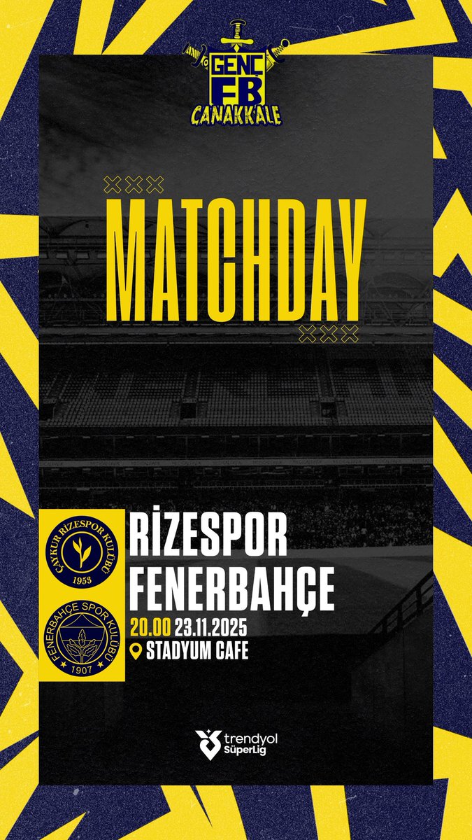#FenerinMaçıVar
🏆 Trendyol Süper Ligi 13. Hafta
🆚 Ç. Rizespor 
⏱ 20.00
🏟 Çaykur Didi Stadyumu
📲 #SALDIRFENER
📺 #StadyumCafe
⚔️#ÇanakkaleGfb