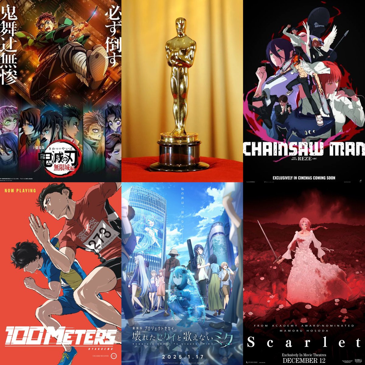 animeupdates's tweet image. These 5 Anime Movies are Officially eligible for the Oscars 2026!

- DEMON SLAYER: Infinity Castle
- CHAINSAW MAN the Movie -Reze Arc-
- 100 Meters
- Colorful Stage! The Movie: A Miku Who Can&apos;t Sing
- Scarlet
