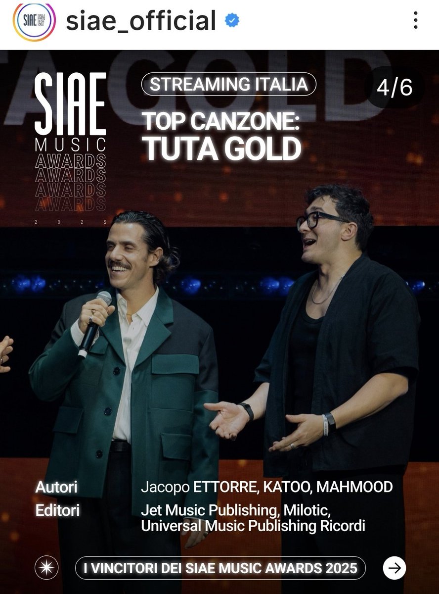 MariaclaraPra1's tweet photo. Altre immagini dall'evento Siae Music awards 2025, con TUTA GOLD vincitrice del premio 'Top canzone - streaming italia'✨️ (canzone più ascoltata del 2024 sulle piattaforme di streaming)
#mahmood #tutagold #SMA2025 #katoo #Ettorre #amadeus https://t.co/unSm9y8r3o