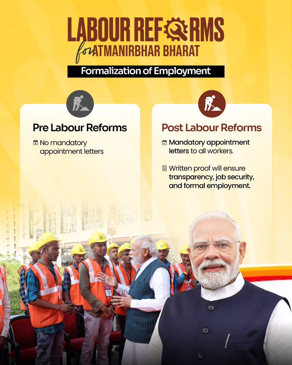 esichq's tweet image. Labour Reforms for a Stronger, Formal Workforce
The new Labour Codes bring a major shift toward transparency and job security.
 Under these reforms, issuing mandatory appointment letters to all workers is now compulsory—ensuring written proof of employment, greater trust, and…