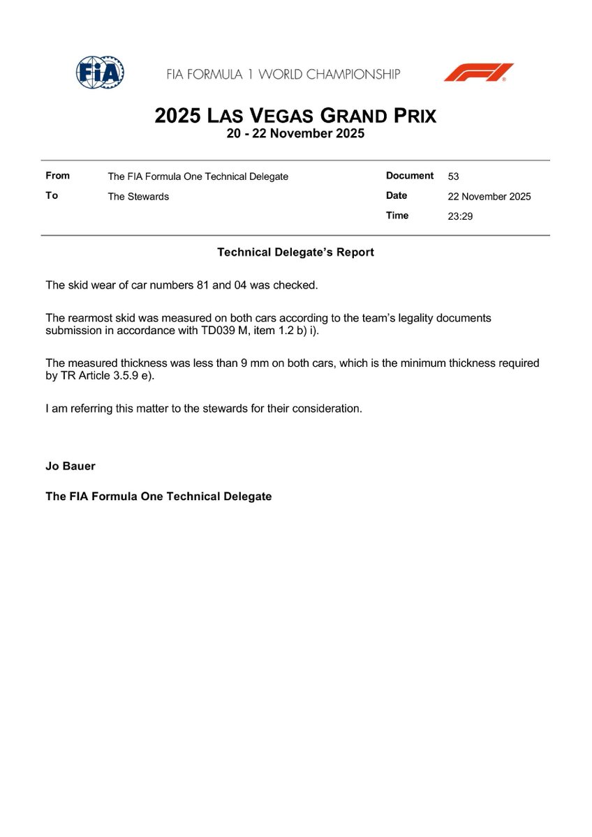 FormulaDirecta's tweet image. 🚨 ÚLTIMA HORA: Lando Norris y Oscar Piastri serán DESCALIFICADOS por desgaste de la plancha

#F1 #LasVegasGP 🇺🇸