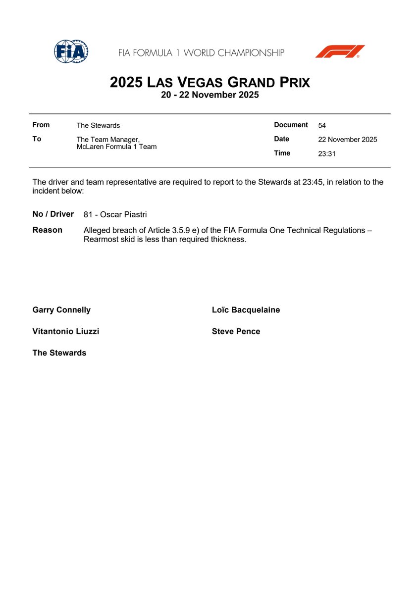 fia's tweet image. DOC 54 - Summons - Car 81 - Technical Regulations fia.com/documents #LasVegasGP #F1 #FIA