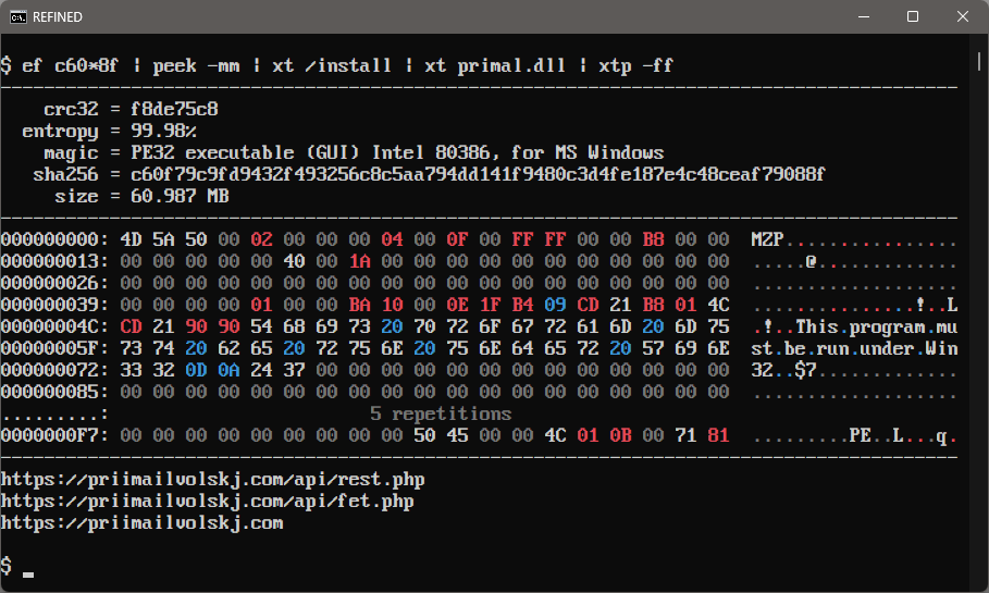 huettenhain's tweet photo. No need to run this, just use #BinaryRefinery:
 🏭 xt /install | xt primal.dll | xtp -ff
[ https://t.co/E20pgo2bTL ] https://t.co/f3iGnPU7Zp