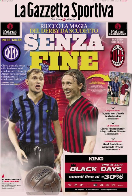 Front Page La Gazzetta dello Sport, Sunday 23 November 2025 Endless Milan Derby