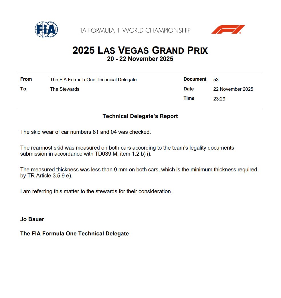 Fred__18's tweet image. ATTENZIONE: #McLaren entrambe trovate oltre il limite di consumo del plank. Qui sarà DSQ sicuro. Il LiCo estremo di #Norris allora forse non era per fuel saving! 
Se arriverà la squalifica il mondiale diventa interessante! e sarà podio per Kimi #Antonelli!  #LasVegasGP