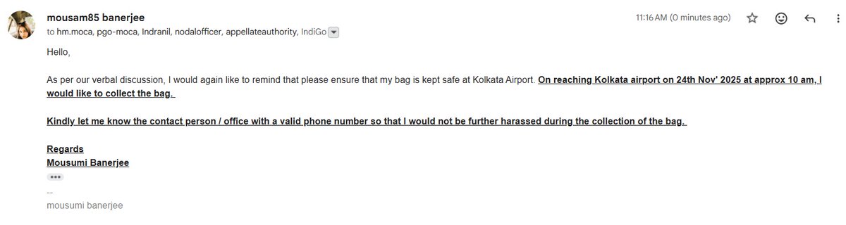 Hope the baggage will be secure and ready to be picked up tomorrow morning at Kolkata Airport <a href="/IndiGo6E/">IndiGo</a> <a href="/MoCA_GoI/">MoCA_GoI</a> Pls confirm and do not further harass a customer. #Indigo1B #IndigoSucks #Disappointed