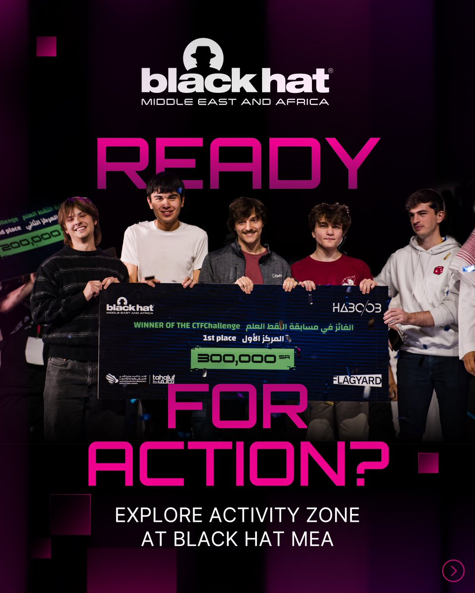Blackhatmea's tweet image. The Activity Zone is always the first to fill and the last to slow down. Hands-on challenges, live demos, real learning, all happening at once.

If you want action, this is where you go. Black Hat MEA’s Activity Zone awaits.

Activity Zone powered by: @SAFCSP &amp;amp; @FlagYard…