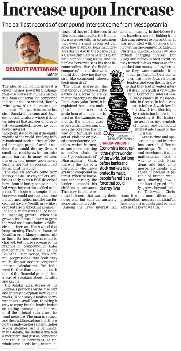 devduttmyth's tweet image. The idea of compound interest is one of the most powerful and dangerous discoveries in human history. The Sanskrit term for compound interest is chakra-vriddhi

Read more at:
economictimes.indiatimes.com/news/india/cha…