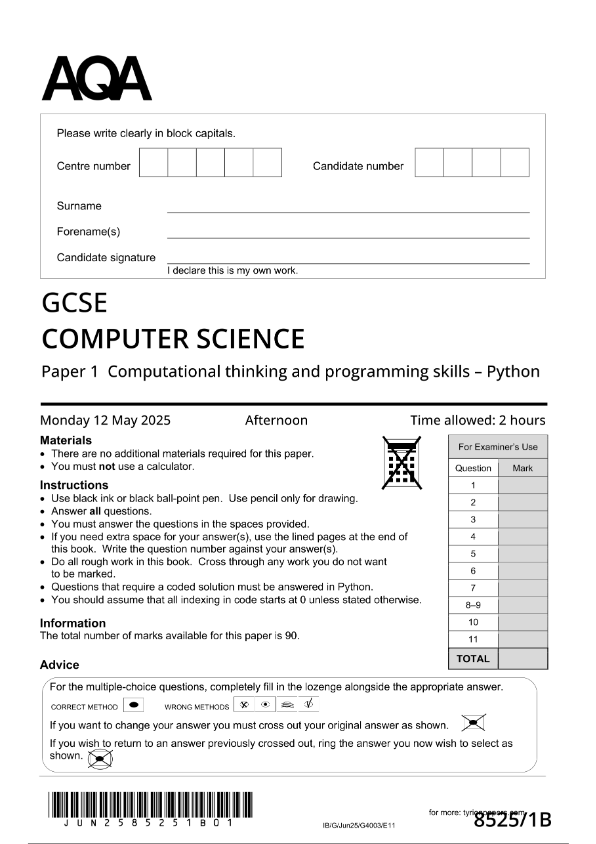 GuidesExam's tweet image. 2025 AQA GCSE Computer Science Paper 1 (8525/1B: Computational thinking and programming skills - Python)stuvia.com/doc/9738114/20… #ComputerSciencePaper1 #2025 AQA GCSE Computer Science Paper 1