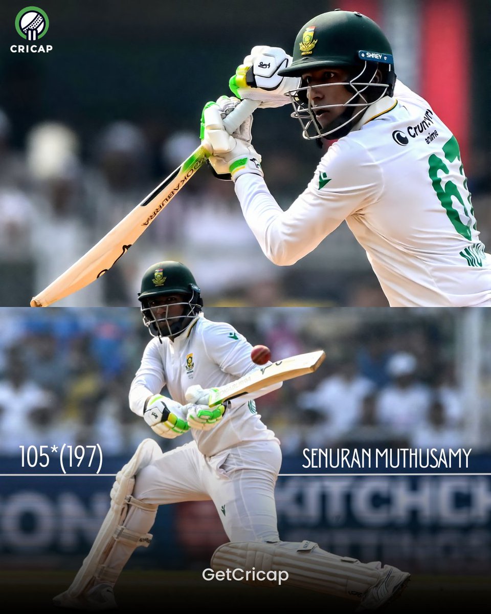 getCricap's tweet image. Senuran Muthusamy brings up his maiden Test hundred in style! 💯🔥
Pure grit, calm hands, and world-class temperament. A moment he’ll never forget — and fully deserved. 🇿🇦🙌
#Muthusamy #TestCentury #PureClass #INDvSA