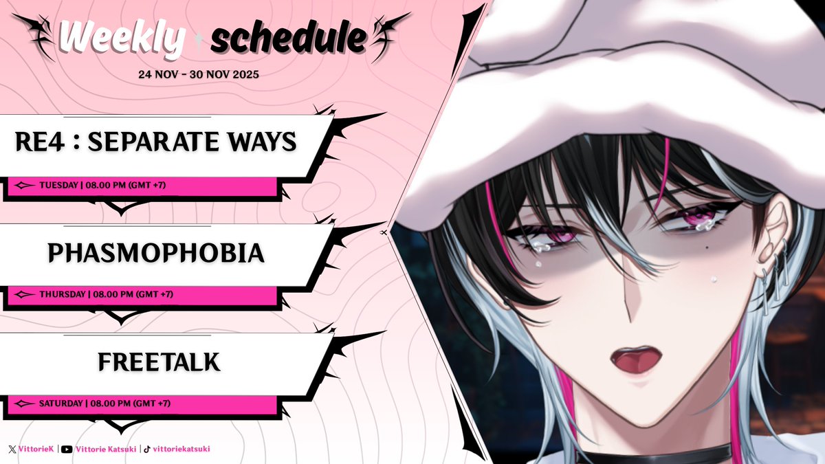 🗓️Weekly Schdule🪽

Week ini ada KHOLEB AKHIRNYAAAAAAAA

General : #Vittorie_Katsuki
Live : #Torielive
Fanart : #VTKarts
Meme : #Pitolikatcuki
NSFW : #Toriesensual
Clip : #Vitorieclips 

#Vtuber #VtuberID #Vittorie_Katsuki