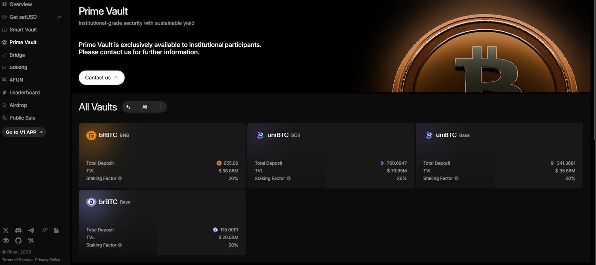 River 기관 전용 예치시스템(prime vault)을 알아보자<a href="/RiverdotInc/">River</a> <a href="/River4fun/">River4FUN 🐝</a> River 프라임 볼트는 '기관 전용 디파이 시스템' 입니다.리버가 온체인 은행이라면, 기관들 전용으로 만든 예금 시스템이'prime vault'라는 시스템입니다.기관이 BTC,ETH,스테이블코인 등 자산을 리버에 예치하면 리버는