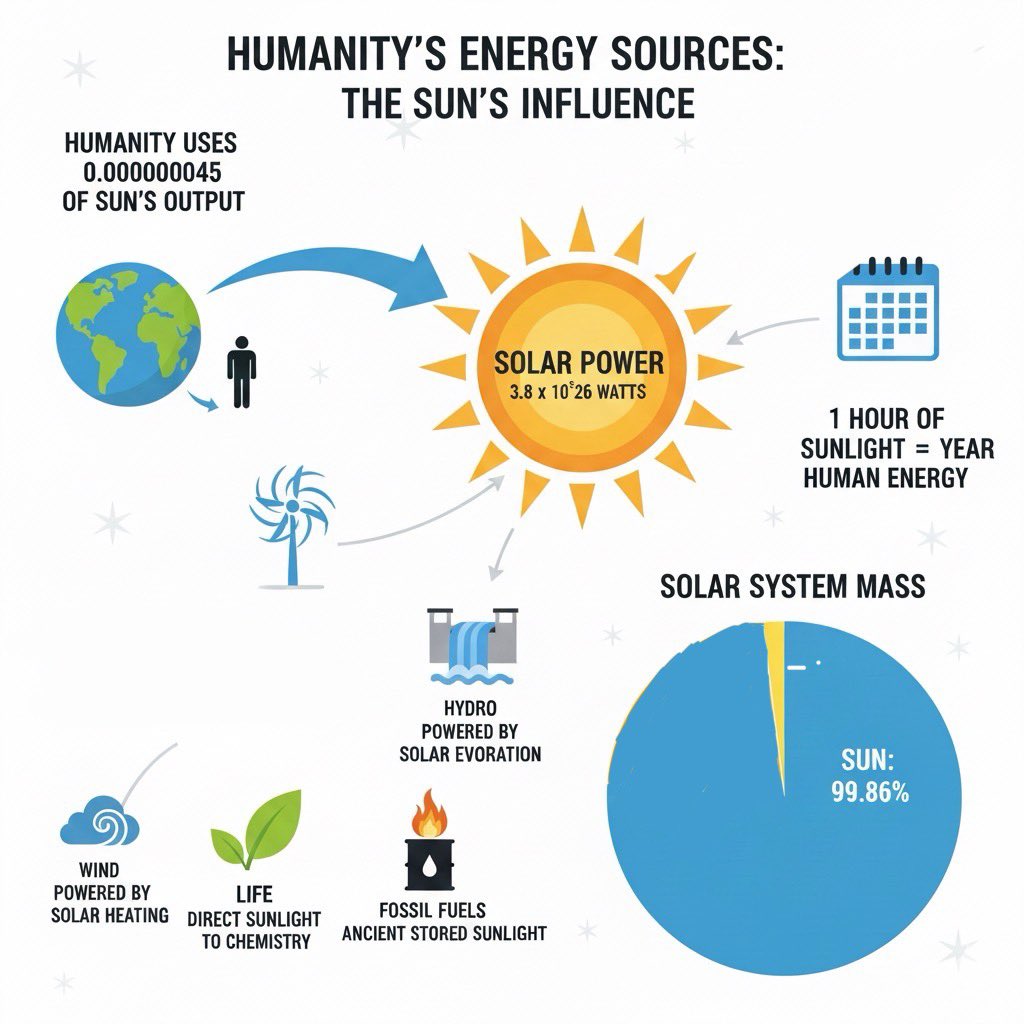 DrRishabhOnco's tweet image. Humanity runs on 0.000000045 of the Sun’s output

☀️ Sun’s total power: 3.8 × 10²⁶ watts
🌍 Earth intercepts: 0.000000045 of that output
⚡ 1 hour of sunlight = 1 year of human energy use
🌞 Sun’s mass share: 99.86% of the entire solar system
🪐 All planets combined: ~0.14%

🌬️…