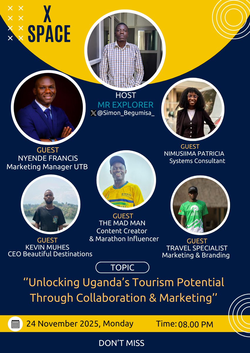 Simon_Begumisa_'s tweet image. Join us this Monday 24th  at 7PM as we unlock Uganda’s Tourism Potential Through Collaboration &amp;amp; Marketing.
Powerful guests. Powerful insights.
Don’t miss! 🚀
#VisitUganda #TourismUG #XSpace