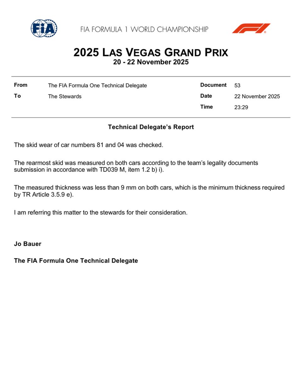 Sowohl Lando Norris als auch Oscar Pisatri werden wegen übermäßigen Verschleißes der Bodenplatten untersucht und könnten vom Grand Prix in Las Vegas disqualifiziert werden. 🚨 

ℹ️ Der technische Delegierte der FIA, Jo Bauer, sagt: "Der Verschleiß der Bodenplatten der Autos mit