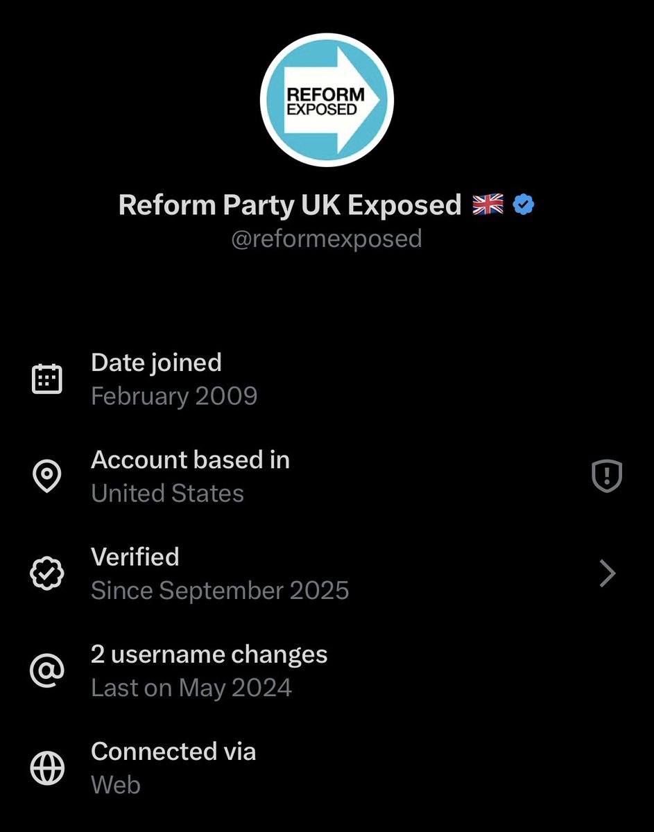 LNallalingham's tweet image. 🚨 Well, isn’t this interesting…

“Reform Party Exposed” isn’t even a UK-based account. It’s registered in the United States.

So while it’s busy trying to sway British politics, it turns out it’s not even operating from the country it’s pretending to “expose”.

And it gets…