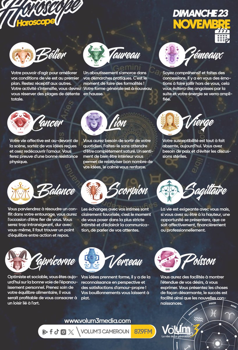 Volum3Cameroun's tweet image. 🌌L&apos;Horoscope du jour ___ Aujourd’hui, l’univers vous invite à croire en vos capacités, à avancer avec audace et à transformer vos intentions en actions concrètes.

#LaVibeDeTaGeneration
#horoscopedujour
#hellonovember
#sweetnovember