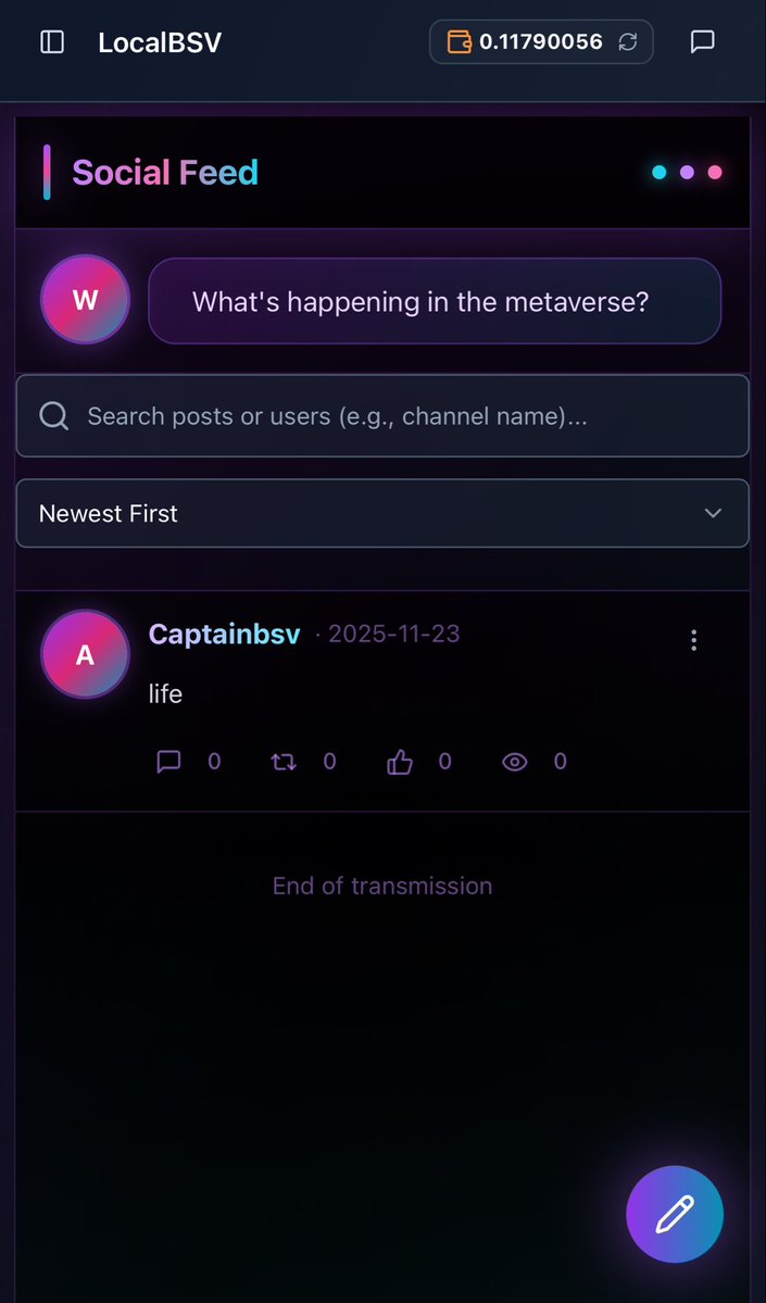 LocalBSV: Social is now live on @LocalBSVSaaS 🗨️

Our new Social Feed lets peers post on-chain comments without sacrificing privacy or requiring any digital identity.

Every comment is permanently stored on the blockchain. Features include fully on-chain nested replies, giving